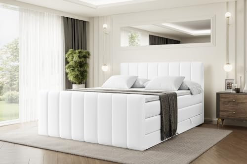 ALTDECOR Boxspringbett mit Matratze und Lattenrost, Topper, Fußteil,Polsterbett mit Bettkasten, Bett mit Stauraum H3- und H4- Matratze, Doppelbett - OTTA-Z King - 160x200 - Weiß Kunstleder