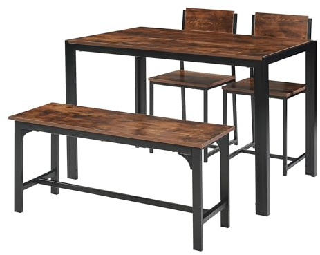 Panana Dining Table and 2 Chairs with Bench, 4 Piece Breakfast Dining Table and Chairs Set for Kitchen Home Bistro Patio Garden (Brown)