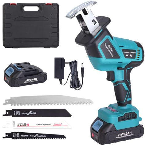 Sega a gattuccio batteria blayram, modalità a batteria da 21 V a 2 velocità (motore brushless) con Una batteria,Velocità Variabile 0-3000spm da 2 Ah e caricabatterie e 4 seghe per taglio