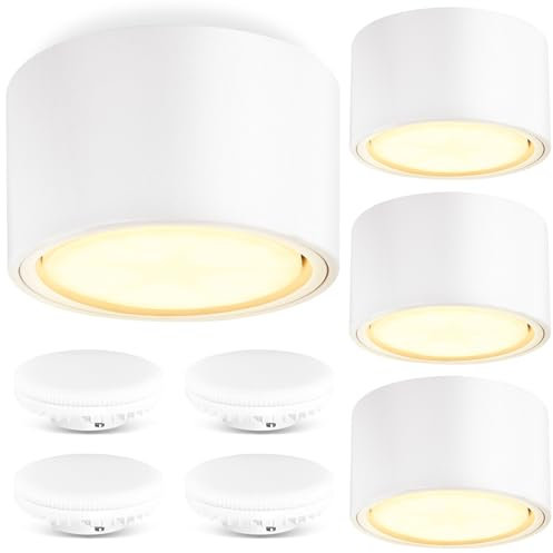 GeyouLux 4x LED Aufbauspots Weiß - Ø95x55mm - Aufputz Spots Decke Mit 6W 680LM GX53 Modul 230V-3000K Warmweiß - Deckenspots Aluminium, Aufbauleuchte, Aufputz Deckenstrahler