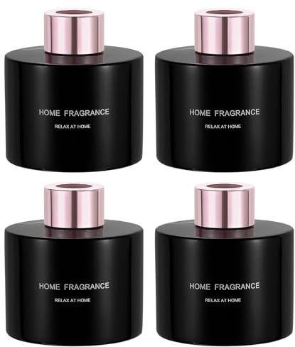 sourcing map 4pcs Empty Glass Diffuser Bottle 140ml/4.7oz Refillable Fragrance Accessories Aromatherapy Jar Container for Replacement Reed Diffuser DIY Home Bathroom Black with Gold Tone Cap