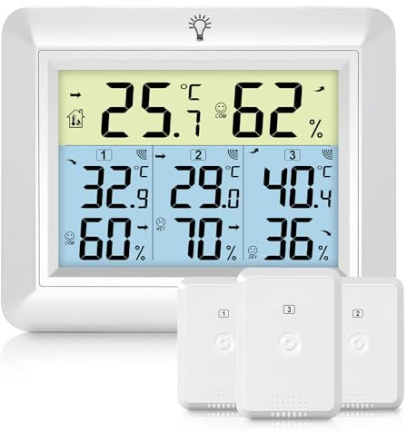 Urageuxy Wetterstation Funk mit 3 Außensensor - Wetterstation mit 100m Reichweite, Digital Hygrometer Thermometer mit Hintergrundbeleuchtung, MIN/MAX-Aufzeichnung, Einfache Bedienung (Weiß)