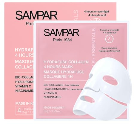 SAMPAR Masque Collagene Visage Coreen Lot de 4 - MARQUE FRANCAISE Depuis 1984 - FABRICATION Coree - BIO COLLAGENE Repulpant - HYDRATATION Intense Acide Hyaluronique - EFFET GLASS SKIN
