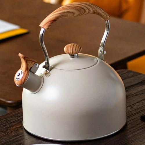 Herdkessel, 2,5 Liter pfeifender Kessel für Gasherd mit Holzoptik Griff, lauter Pfiff, lebensmittelechtes Edelstahl-Kettle in Creme, hitzebeständiger Griff und rostfrei, geeignet für alle Wärmequellen