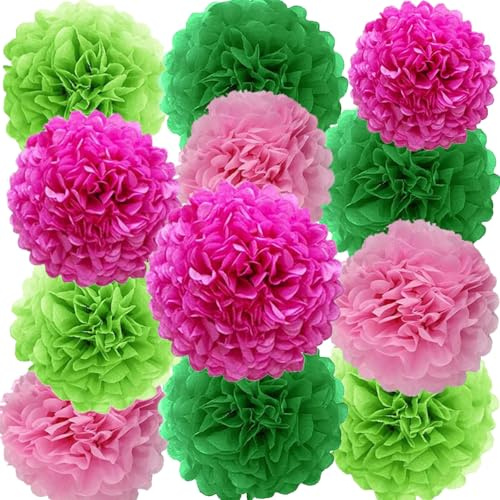 Pompons Papier de Soie,12 Pièces Papier Fleur Pompon Rose et Vert,pour fête décoration, Plafond, Mur,Mariage, décoration de fête d'anniversaire