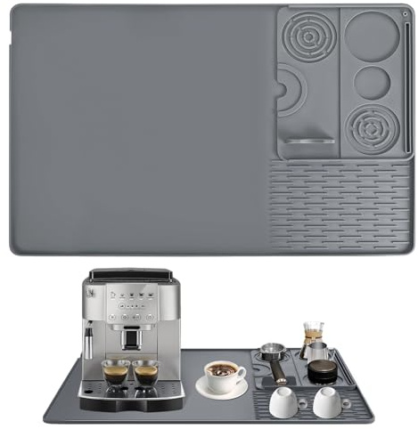 Kasanni Alfombrilla Cafetera de Silicona 2 en 1 con Base de Tamping Extraíble, Bordes Elevados y Drenaje Antigoteo, Antideslizante y Resistente al Calor, Protector de Encimera y Accesorios Cafetera