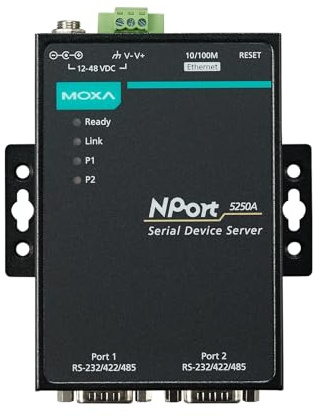 MOXA NPort 5250A - 2 Ports Device Server, 10/100M Ethernet, RS-232/422/485, DB9 Male, 15KV ESD, 0.5KV Serial Surge, 12~48VDC, 0~60°C