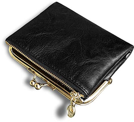 AOXONEL Womens Wallet Small Rfid Ladies Compact Bifold Leather Vintage Coin Purse With Zipper and Kiss Lock (Black)