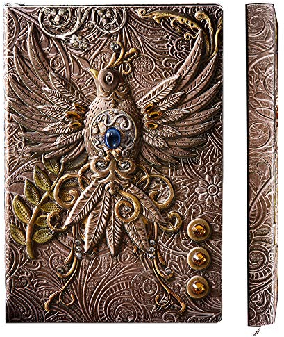 YHH Notizbuch A5 Liniert Hardcover, Vintage Leder Tagebuch Liniert Buch Reisetagebuch Lined Journal Notebook, Handgemachtes, 200 Seiten, GeburtstagGeschenk für Erwachsene Kinder, 3D Phönix Bunt