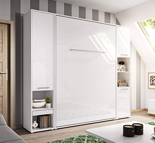 QMM Schrankbett Wandbett Wandklappbett 90x200 vertikal CP378 mit 2 Regalen weiß matt Hochglanz Bettschrank Kurze Lieferzeit