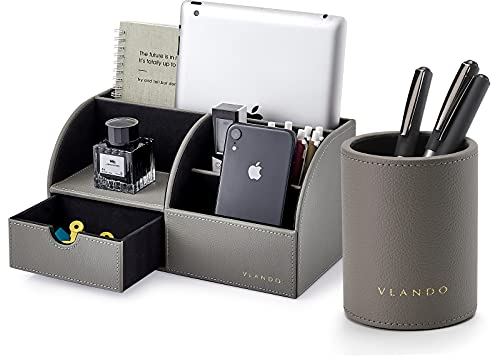 Vlando Office Supplies Desk Organizer Caddy, Desktop Hanging File Letter Documents Storage Holder with Drawer Organizer Section for Office Home (Set of 2-Grey)