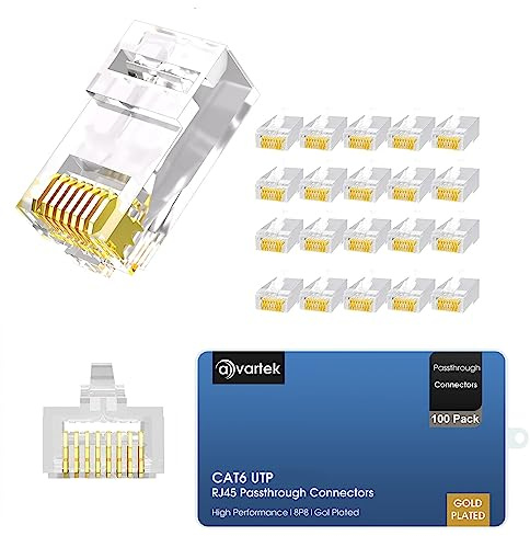 AVARTEK 100 Pack RJ45 CAT6 Cat6a Pass Through RJ45 Connectors, Ethernet Gold Plated Connector End For Cat6 Sold & Stranded Network Cable - 8P8C Modular Plug 50u