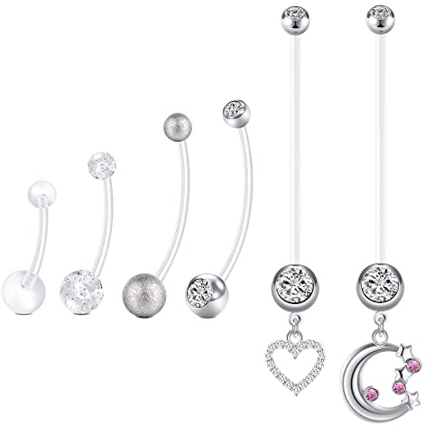 AceFun Barre de nombril de grossesse Anneaux de ventre de grossesse Maternité Acrylique Bioflex 14/16/25/32/35/38mmmm 14G Long Barbells Baby Feet Dangle CZ Retainer Moon Heart 1.6mm silver