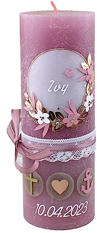 Cerziies® Taufkerze Rustik IVY Junge oder Mädchen mit Name und Datum, individuell und handverziert 1966