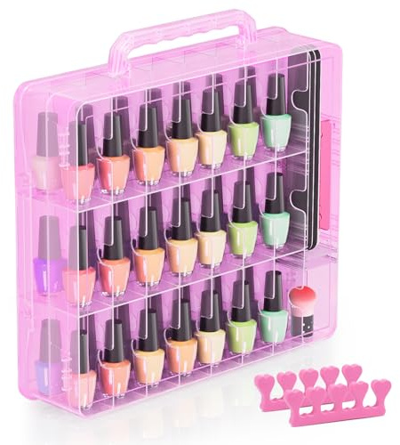 Beloving Nail Polish Organizer Case for 48 Bottles with Adjustable Divider, Double Side Nail Polish Holder for Storage Display, Pink