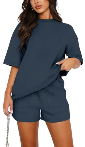 REORIA Women Cotton Short Sleeve Tracksuit Set Crew Neck Solid Color Shirt and Shorts with two Pockets two piece Outfit co ord Sets Navy Blue M