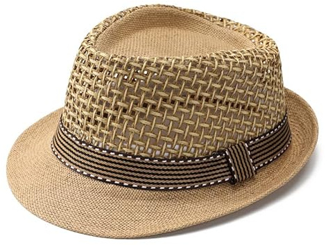 JIAHG Summer Straw Fedora Hat for Men Youth Boys Packable Panama Trilby Hats Vintage Jazzy Cap Outdoor Cool Breathable Mesh Sun Hat for Travel Beach Holiday, Dad Boyfriend Gift Khaki