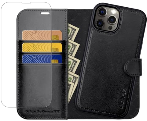 OCASE Abnehmbare Hülle iPhone 12 Pro Max Handyhülle 2-IN-1 [Magnetische Hülle] [Kabelloses Laden] [Displayschutz] [Kartenfach] RFID Schutzhülle Etui Klapphülle(2in1) Schwarz