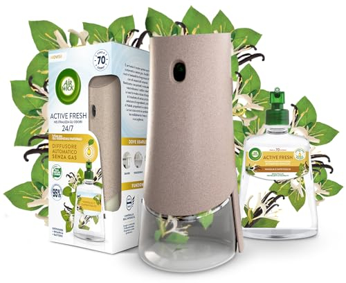 Airwick Active Fresh Deodorante per Ambienti, Confezione con 1 Diffusore Automatico senza gas, 1 Ricarica alla Fragranza Vaniglia e Caprifoglio 228ml, 2 Pile AA, Neutralizza Odori 24/7