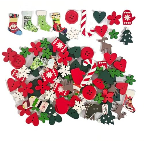 JEYORZY Set de 50 botones de madera para Navidad, ideales para decoración de manualidades, tarjetas, scrapbooking y adornos variados, Mezcla sorprendente y aleatoria para la temporada navideña