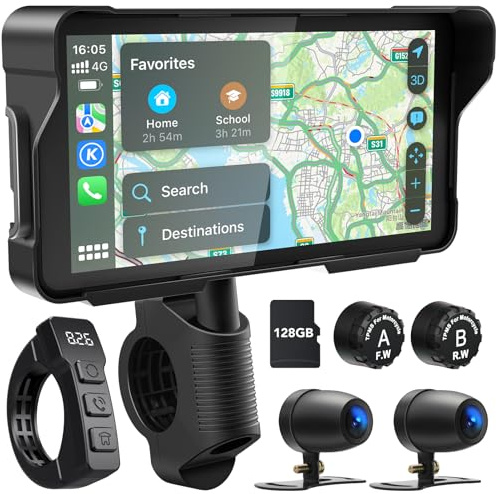 2026 LBW 5.5 Portable Motorcycle Carplay with Wire Control, Motorcycle DVR, TPMS, Wireless CarPlay & Android Auto Touch Screen, 1080P HD Dash Cam Front and Rear, Bluetooth, Waterproof, 128GB TF Card