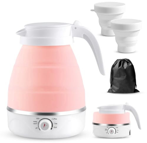 Reise Wasserkocher mit Temperatureinstellung, 600ml Reisewasserkocher Mini Wasserkocher Rosa, Faltbarer Wasserkocher aus Silikon, Camping Wasserkocher mit 2 Faltbecher, für Camping, Reise, Outdoor