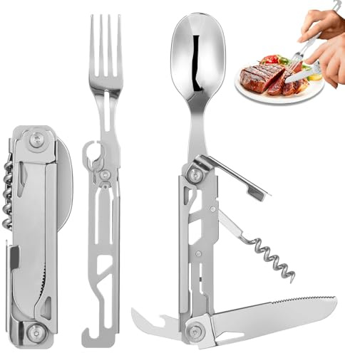 Ixydor Cubiertos para Camping Plegable 5 en 1,Cubiertos de acero inoxidable multifunción de viaje,cubiertos portátil al aire libre con Bolsa de Cubiertos para aplicar en senderismo, viajes, picnic