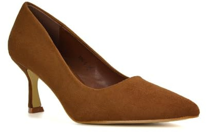 Women's Classic Pointed Toe Court Shoes Ladies Slip On Brown Faux Suede Stiletto Office Evening Formal Mid Heel Pumps 8