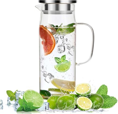 Jarra de Agua de Cristal Con Tapa - 1,5 Litros, Transparente y resistente al calor botella de agua hecha de vidrio de borosilicato, La jarra es perfecta para leche, jugo, café o agua tibia