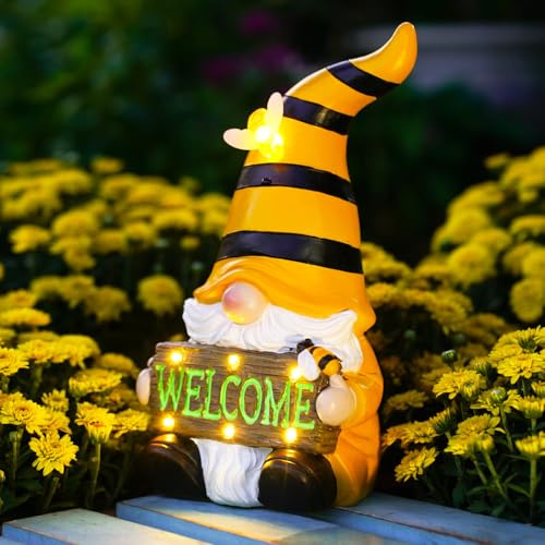 Goodeco Statua a forma di gnomo a forma di ape gialla a energia solare con luce LED di benvenuto, ornamento da giardino decorativo, regalo per mamma/nonna
