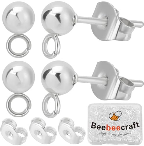 Beebeecraft 1 caja de 100 pendientes de Bola para Hacer Joyas 925 pendientes de Bola Redondos Chapados En Plata de Ley Y 304 de Acero Inoxidable con 100 tuercas para Pendientes