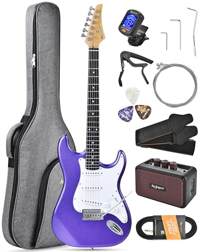 Leo Jaymz Beginner Electric Guitar Complete Kit with Portable Amp, Padded Gig Bag & Full Accessories, Maple Neck SSS Pickups(Purple)