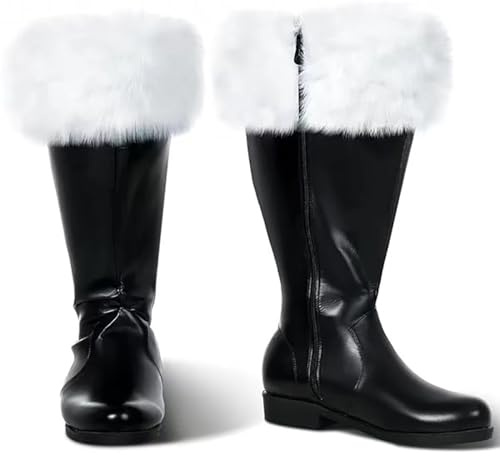Stivali Uomo Natale con Pelliccia, Stivali Lunghi con Zip Laterale, Scarpe Costume, Calzature per Adulti di Babbo Natale Neri da Festa Cosplay Invernale per Spettacoli e Eventi (A01-Black, 47)