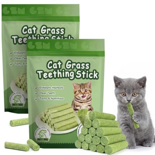 Cat Grass Sticks, 12pcs Cat Grass Teething Stick, Cat Grass for Indoor Cats, Freeze Dried Cat Chew Sticks for Cats, Edible Cat Treats for Teeth Cleaning and Hairball Removal