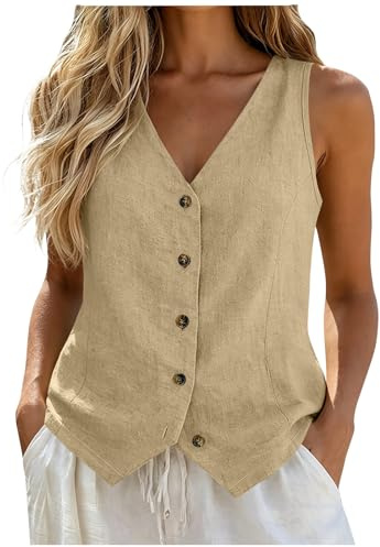 Zuoyue Chaleco de Lino para Mujer con Cuello en V Botones para Negocios Trabajo Vacaciones sin Mangas de Lino Algodón Estilo Casual Retro Chaleco Suelto Ropa Abrigo Oficina y Verano Sólido