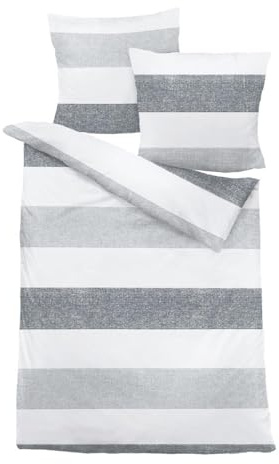 Traumschlaf – Biber Bettwäsche Set – Bettgarnitur aus 100% Baumwolle mit Reißverschluss (Bettbezüge Streifen Grau) 155x200 cm + 80x80 cm
