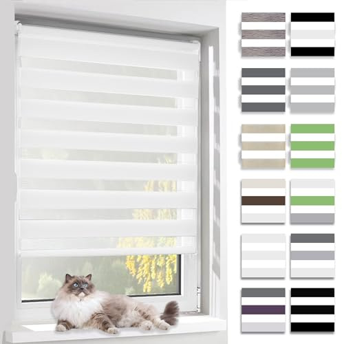 BelleMax Store Enrouleur Jour Nuit,Tissu Double,Rideau sans Perçage,Translucide Occultant Protection Vie privée,pour Fenêtre et Porte,(Largeur du Tissu 65 cm),Blanc,65l x 120L cm