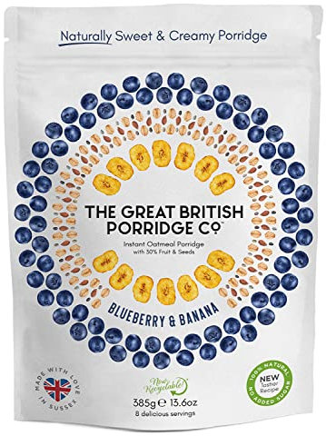 Blueberry & Banana Instant Oatmeal Porridge from The Great British Porridge Co - Naturally Sweet & Creamy Porridge Oats - 385g Pouch - 100% Natural, No Added Sugar, Plant Based, High Fibre