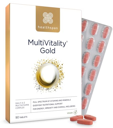 Healthspan Multivitamin Gold | A-Z Formulation | Wellbeing & Immune Support | Algal Source Vitamin D3 | Vitamins A, B, C, D, E & K | Calcium, Iron, Magnesium, Selenium & Zinc | Vegan (90 Tablets)