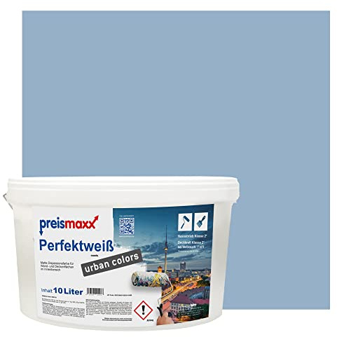 Preismaxx Perfektweiß Wandfarbe blau matt 10L - Innenwandfarbe für kreative Wandgestaltung, Innenfarbe taubenblau, hohe Deckkraft Klasse 2, Trendfarbe für Wohnzimmer, bunte Akzentfarbe