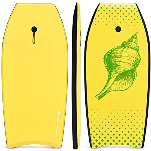 GOPLUS Bodyboard mit Fuß - Zugseil, Schwimmbrett Erfüllt mit EPS Schaumstoff, Surfboard bis zu 85 kg Belastbar, Auch als Schwimmhilfe mit Einer Größe von 105 x 51 cm, Verschleißfest (Gelb)