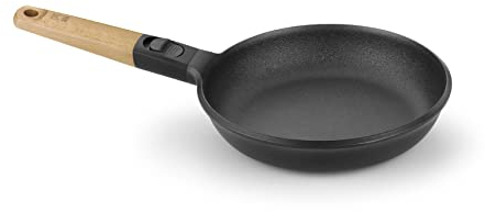 BRA Market Sartén 22 cm, aluminio fundido, mango desmontable madera natural, antiadherente tricapa sin PFOA, apta para todo tipo de cocinas incluido inducción