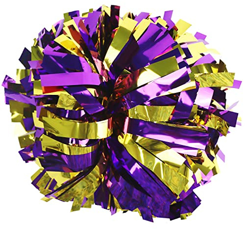 GUIFIER Paquete de 2 Pompones de Cheerleading y animación metálicos de Animadora de 15 cm, Pompones Cheerleader de Animadora con Mango de bastón para niños y niñas (Morado y Dorado)