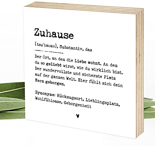 Wunderpixel® Holzbild Definition Zuhause - 15x15x2cm zum Hinstellen/Aufhängen, echter Fotodruck mit Spruch auf Holz - schwarz-weißes Wand-Bild Aufsteller Zuhause Dekoration Geschenk-Idee