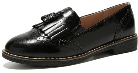 TRULAND Women's Penny Loafers Slip On Leather Wingtip Tassel Oxford Shoes (CN 41/7 UK,All Black)