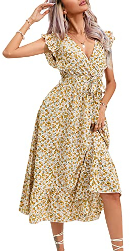 KOJOOIN Damen Sommerkleid Kurzarm Maxikleid Lange Wickelkleid Volant Kleid Rüschen Strandkleid V-Ausschnitt Elegante Blumenkleid mit Gürtel (Verpackung MEHRWEG), A-Blumen-Gelb, M