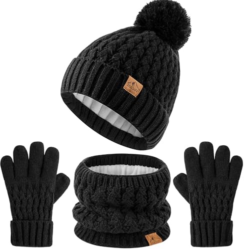 Ensemble bonnet d'hiver à pompon et gants Scart pour enfants, bonnet en laine tricoté doublé polaire pour garçons et filles, pour enfants de 3 à 9 ans