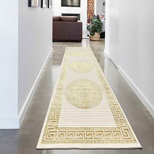 Teppich-Traum Teppich Wohnzimmer Schlafzimmer Flur Läufer lang Kurzflor orientalisch elegant Ornamente Glanzeffekt Mäander Creme Gold 100 x 300 cm