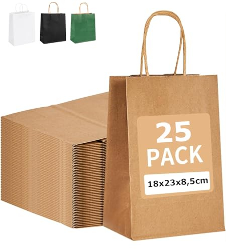 PAKNOR® 25stk Braun Papiertüten mit Henkel - 18 x 21 x 8 cm, Papiertragetasche mit Kordelgriff, Geschenktüten, Kraftpapiertüte, DIY Adventskalender (Braun - 25 Stück)