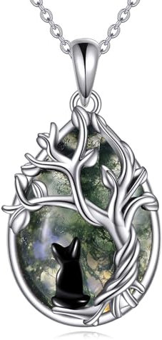POPLYKE Moos Achat Baum des Lebens Katze Halskette für Frauen 925 Sterling Silber Familie Baum Anhänger Schmuck Geburtstags Geschenke